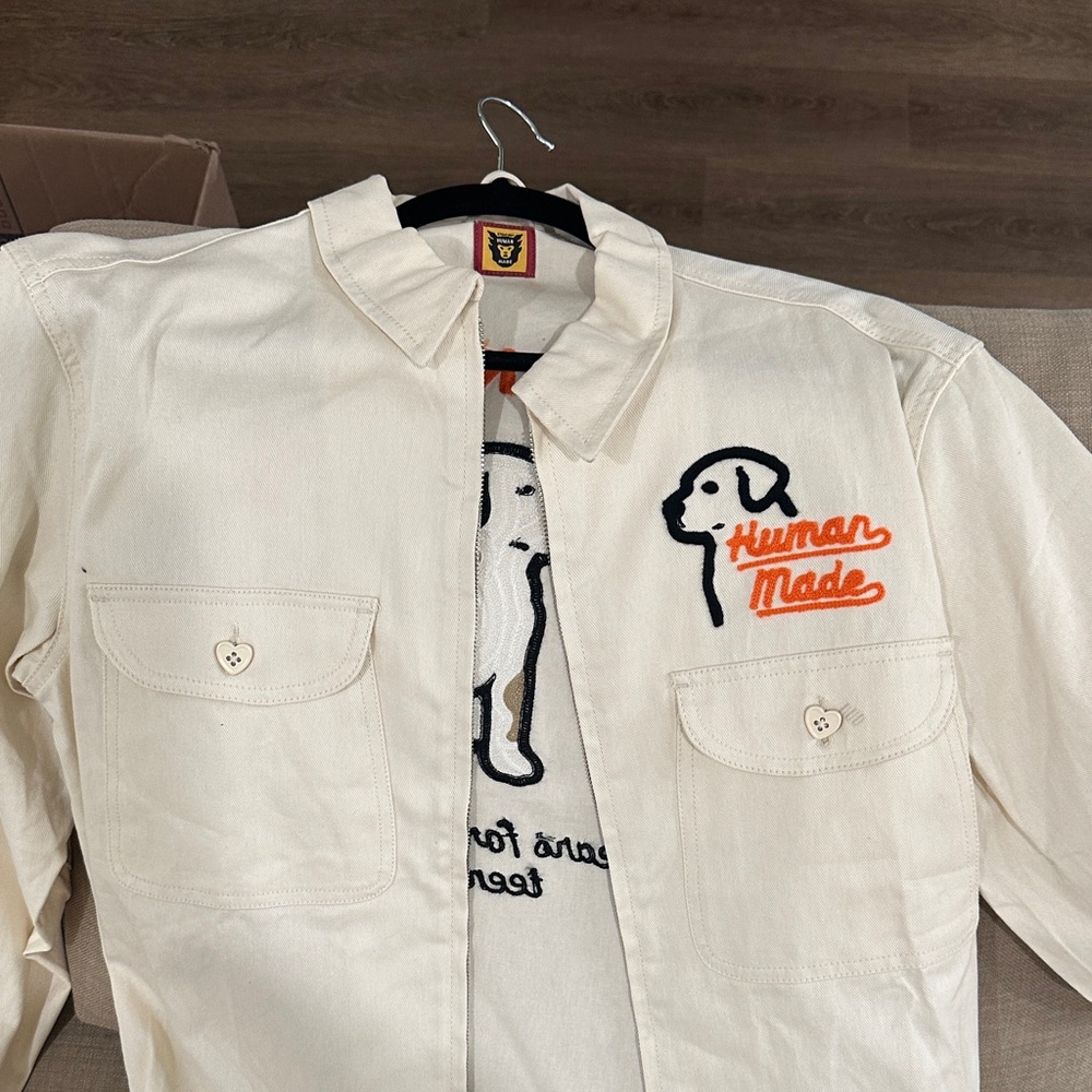 Human Made Cream Work Shirt with Embroidered Dog and Orange Logo